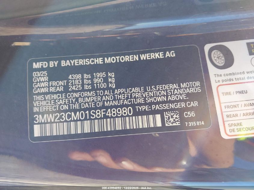2025 BMW 230I VIN: 3MW23CM01S8F48980 Lot: 43994892