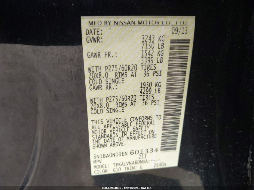 2014 Nissan Armada Sl VIN: 5N1BA0ND9EN601334 Lot: 43994895
