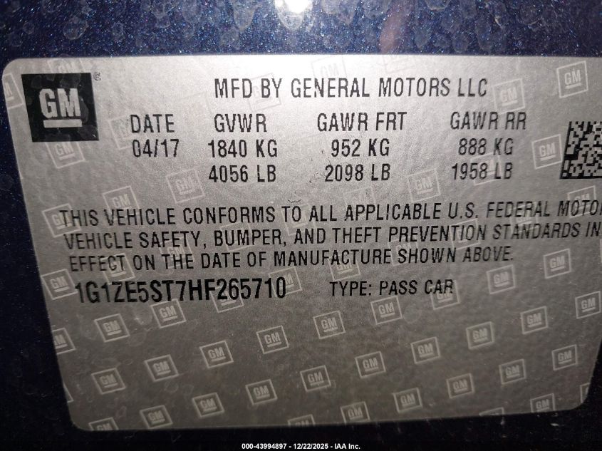 2017 Chevrolet Malibu 1Lt VIN: 1G1ZE5ST7HF265710 Lot: 43994897