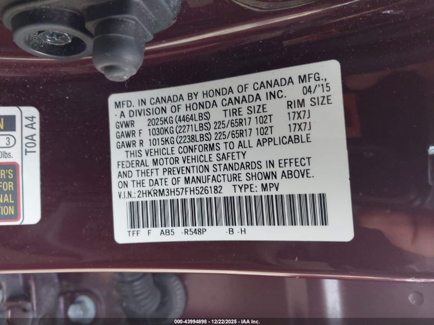 2015 Honda Cr-V Ex VIN: 2HKRM3H57FH526182 Lot: 43994898