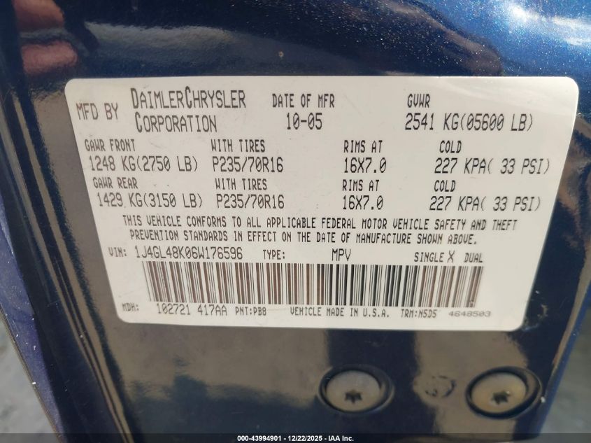 2006 Jeep Liberty Sport VIN: 1J4GL48K06W176596 Lot: 43994901