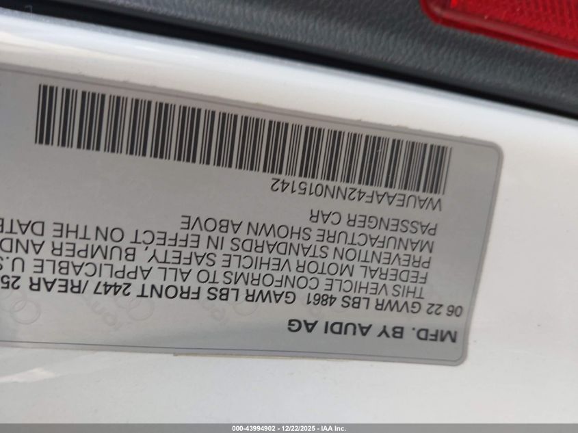 2022 Audi A4 Premium Plus 45 Tfsi S Line Quattro S Tronic VIN: WAUEAAF42NN015142 Lot: 43994902