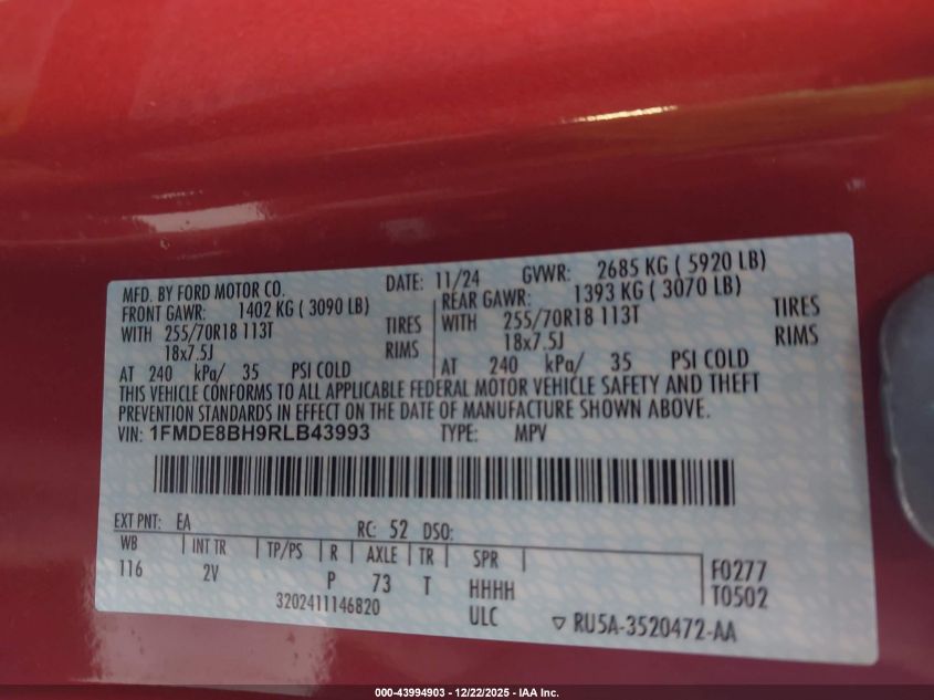 2024 Ford Bronco Outer Banks VIN: 1FMDE8BH9RLB43993 Lot: 43994903