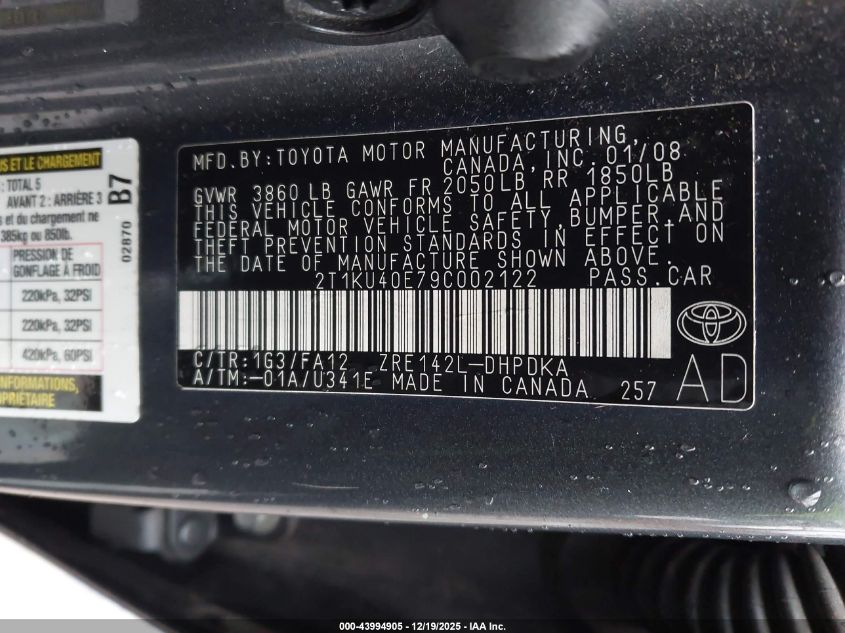 2009 Toyota Matrix VIN: 2T1KU40E79C002122 Lot: 43994905