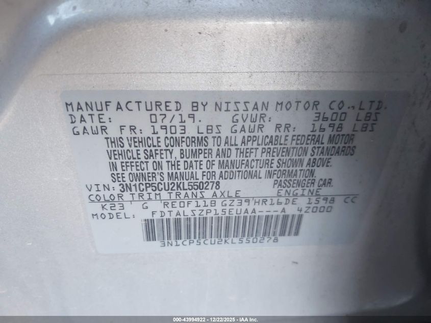 2019 Nissan Kicks Sv VIN: 3N1CP5CU2KL550278 Lot: 43994922