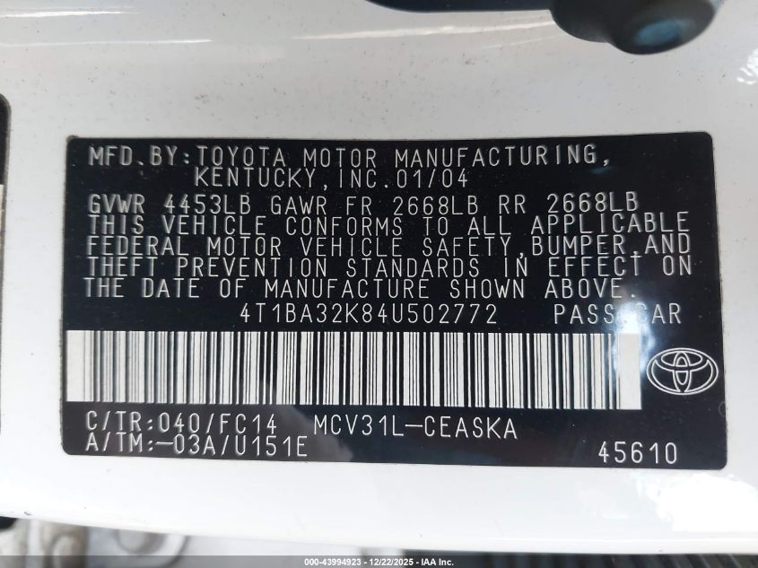 2004 Toyota Camry Se V6 VIN: 4T1BA32K84U502772 Lot: 43994923