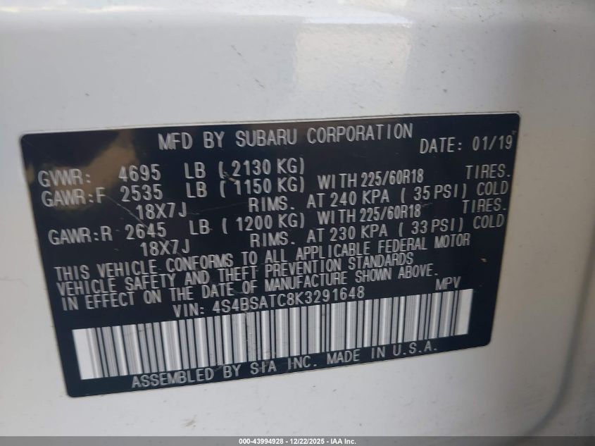 2019 Subaru Outback 2.5I Touring VIN: 4S4BSATC8K3291648 Lot: 43994928