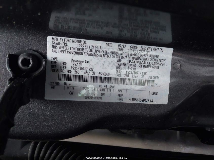 2013 Ford C-Max Hybrid Se VIN: 1FADP5AUXDL506294 Lot: 43994930