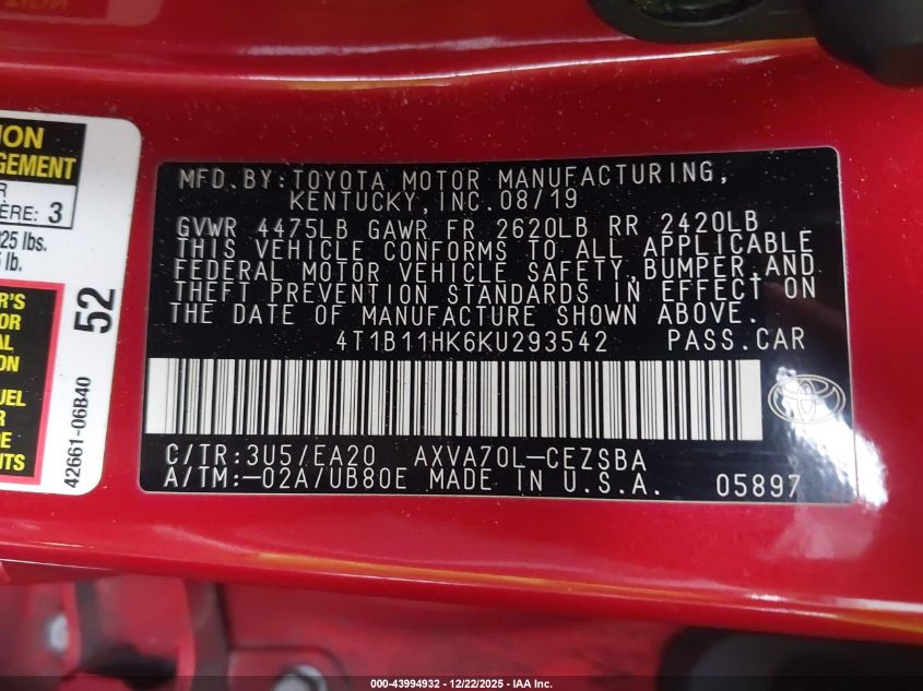 2019 Toyota Camry Se VIN: 4T1B11HK6KU293542 Lot: 43994932