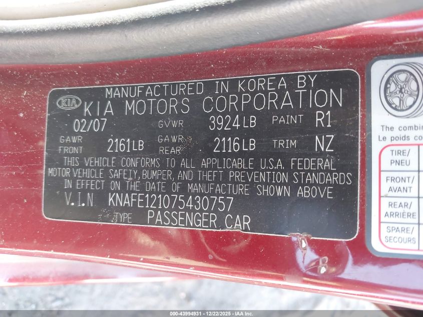 2007 Kia Spectra Ex VIN: KNAFE121075430757 Lot: 43994931