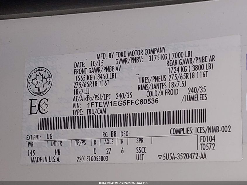 2015 Ford F-150 Lariat VIN: 1FTEW1EG5FFC80536 Lot: 43994939