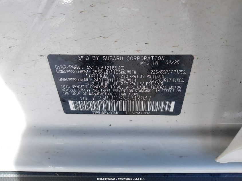 2025 Subaru Crosstrek Premium VIN: JF2GUHDC9S8243947 Lot: 43994941