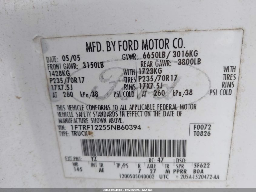 2005 Ford F-150 Stx/Xl/Xlt VIN: 1FTRF12255NB60394 Lot: 43994948