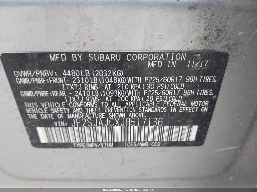 VIN JF2SJAJCXJH517136 2018 SUBARU FORESTER 2.5I LIMITED