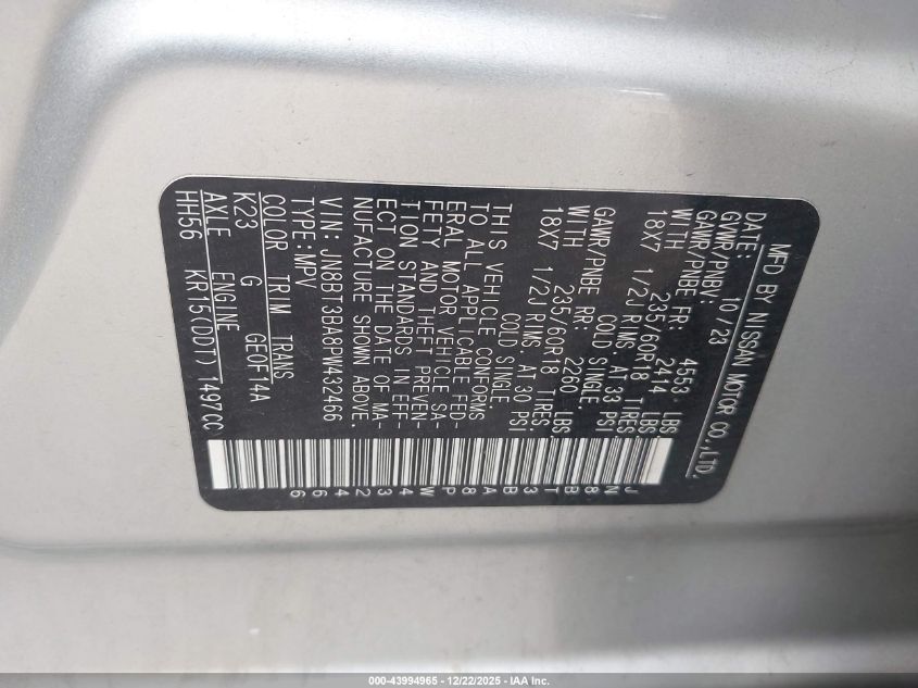 2023 Nissan Rogue Sv Fwd VIN: JN8BT3BA8PW432466 Lot: 43994965