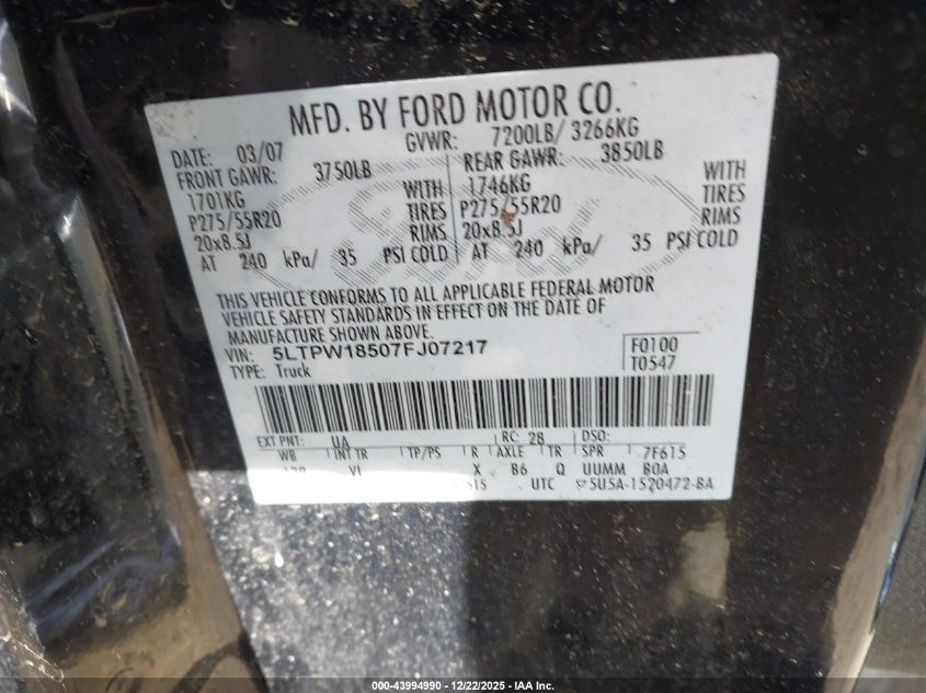 2007 Lincoln Mark Lt VIN: 5LTPW18507FJ07217 Lot: 43994990