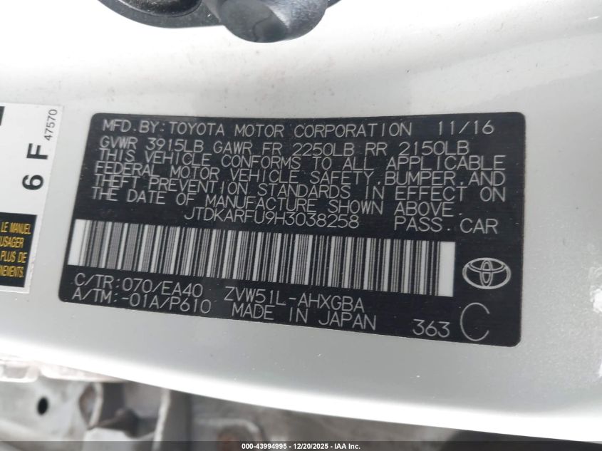 2017 Toyota Prius Four VIN: JTDKARFU9H3038258 Lot: 43994995