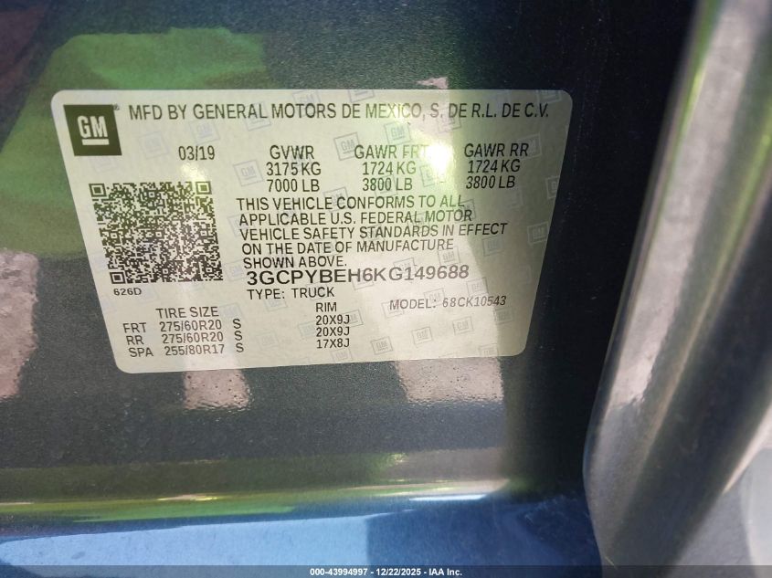 2019 Chevrolet Silverado 1500 Custom VIN: 3GCPYBEH6KG149688 Lot: 43994997