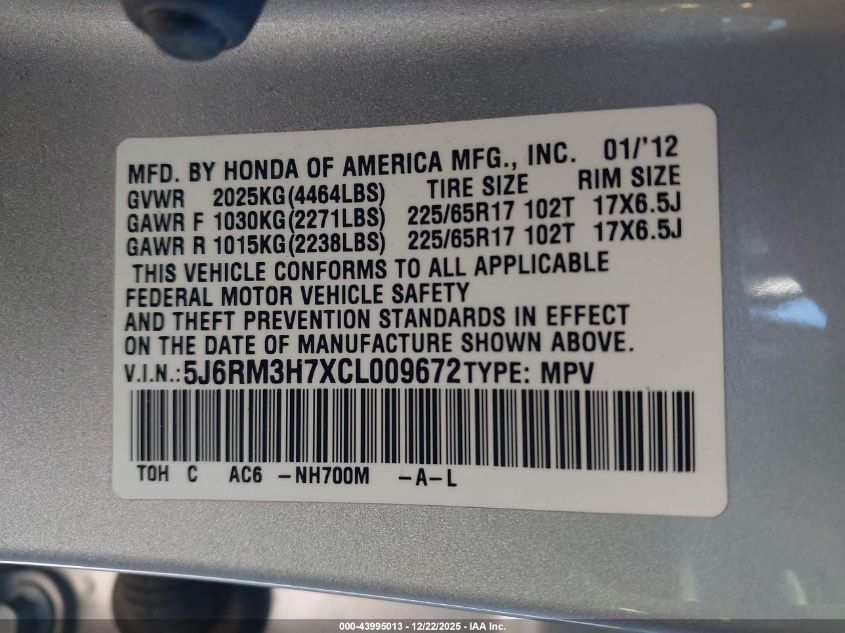 2012 Honda Cr-V Ex-L VIN: 5J6RM3H7XCL009672 Lot: 43995013