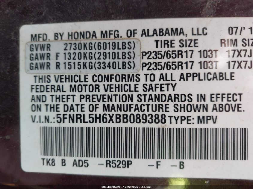 2011 Honda Odyssey Ex-L VIN: 5FNRL5H6XBB089388 Lot: 43995020