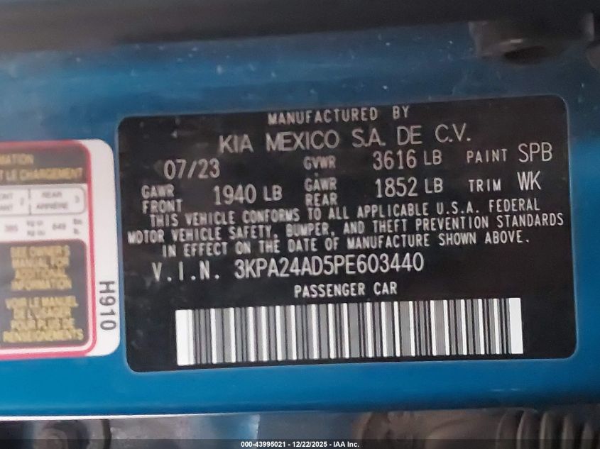 2023 Kia Rio S VIN: 3KPA24AD5PE603440 Lot: 43995021