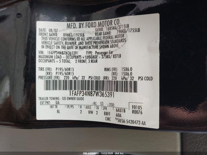 2007 Ford Focus S/Se/Ses VIN: 1FAFP34N87W365391 Lot: 43995032