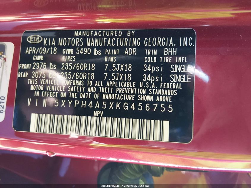2019 Kia Sorento 3.3L Ex VIN: 5XYPH4A5XKG456755 Lot: 43995040