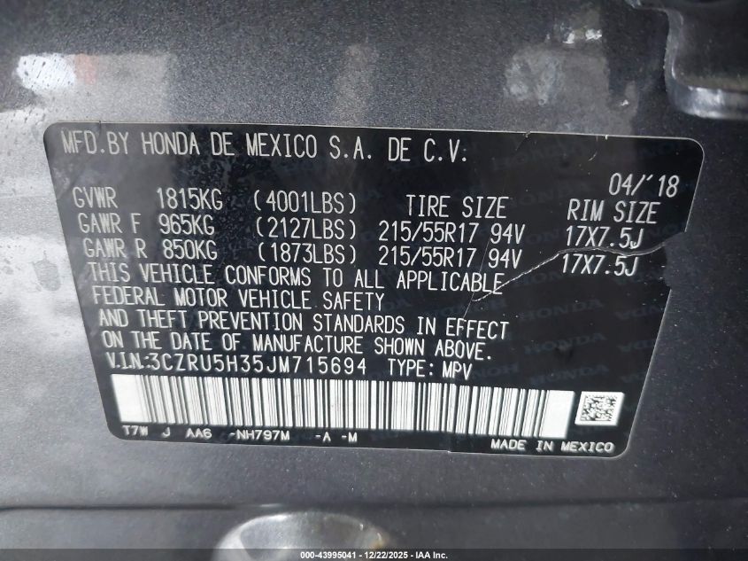 2018 Honda Hr-V Lx VIN: 3CZRU5H35JM715694 Lot: 43995041