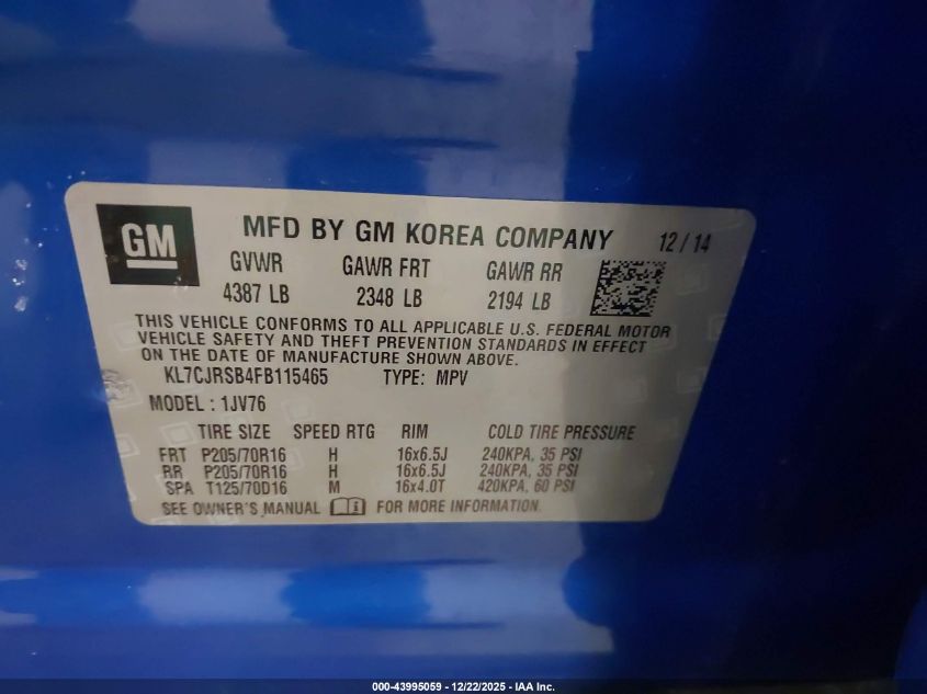 2015 Chevrolet Trax Lt VIN: KL7CJRSB4FB115465 Lot: 43995059