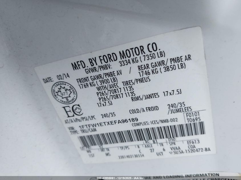 2014 Ford F-150 Xlt VIN: 1FTFW1ETXEFA96189 Lot: 43995061