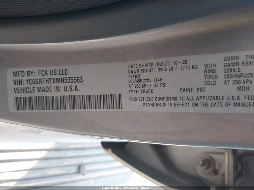 2021 Ram 1500 Limited 4X4 5'7 Box VIN: 1C6SRFHTXMN535563 Lot: 43995066