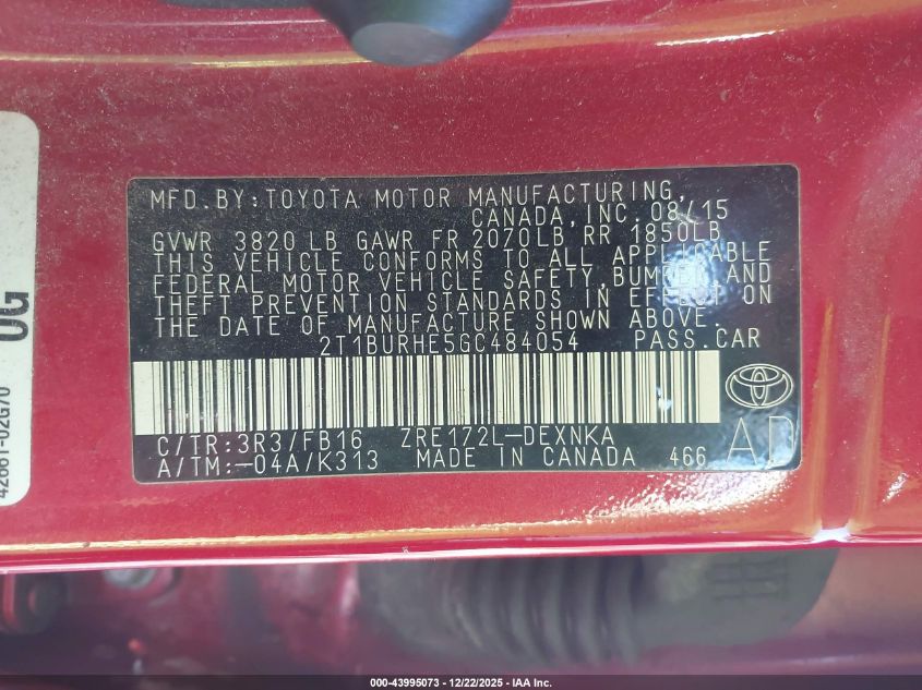 2016 Toyota Corolla Le VIN: 2T1BURHE5GC484054 Lot: 43995073