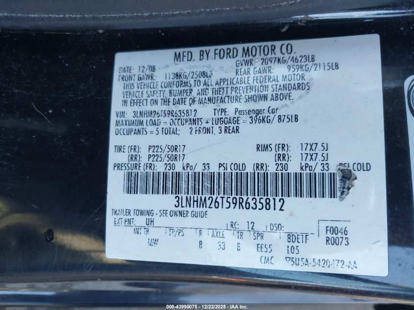 2009 Lincoln Mkz VIN: 3LNHM26T59R635812 Lot: 43995075