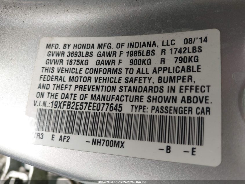 2014 Honda Civic Lx VIN: 19XFB2E57EE077645 Lot: 43995087