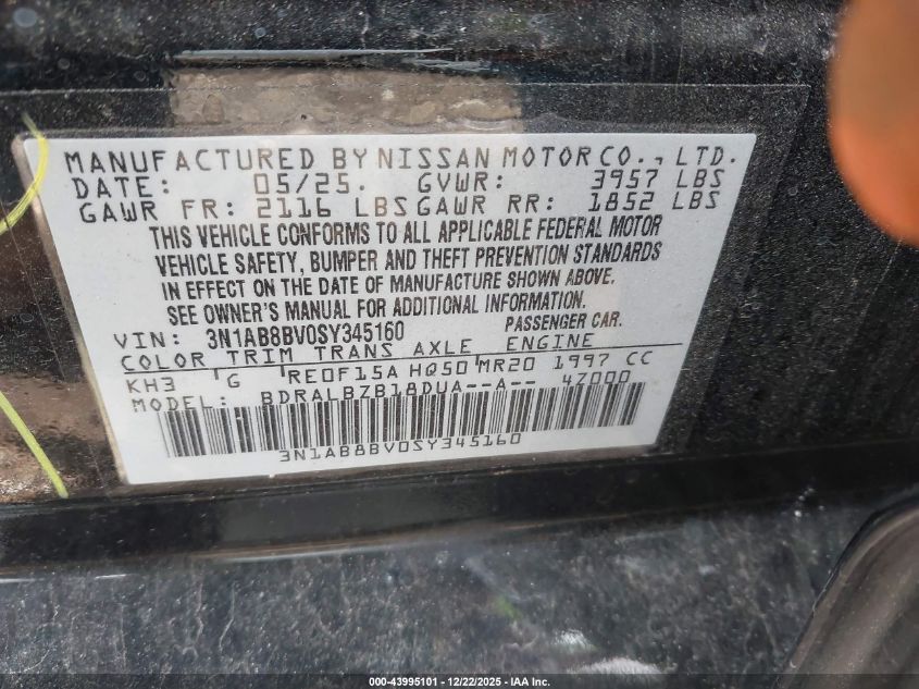 2025 Nissan Sentra S VIN: 3N1AB8BV0SY345160 Lot: 43995101
