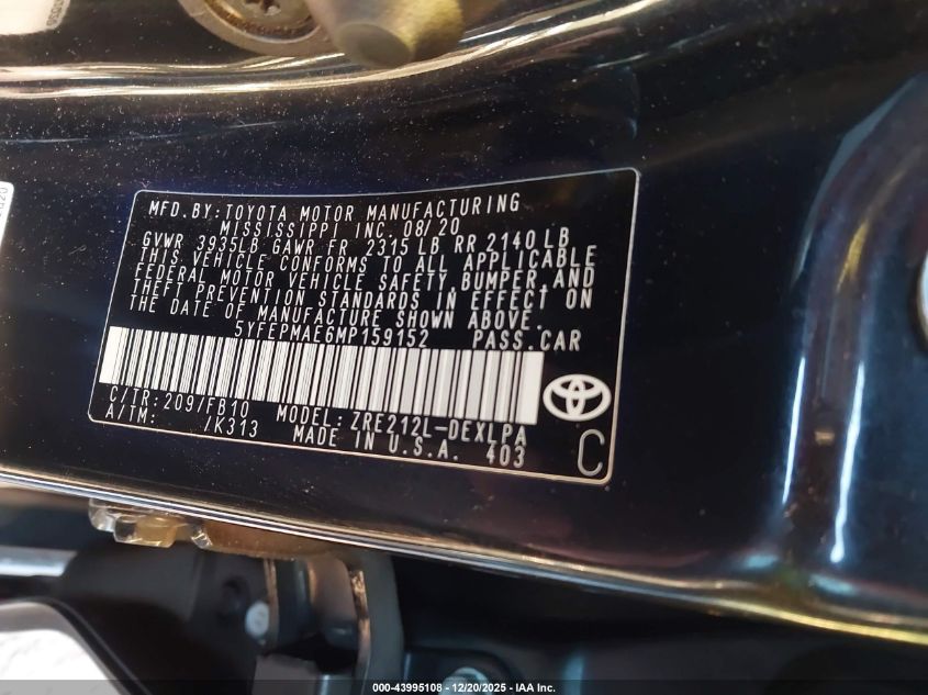 2021 Toyota Corolla Le VIN: 5YFEPMAE6MP159152 Lot: 43995108