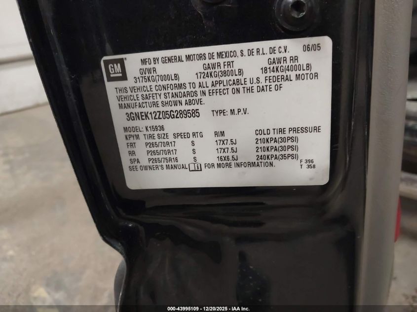 2005 Chevrolet Avalanche 1500 Z71 VIN: 3GNEK12Z05G289585 Lot: 43995109