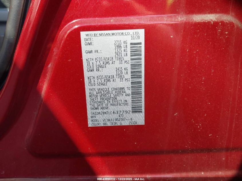 2020 Nissan Pathfinder Sv 4Wd VIN: 5N1DR2BM7LC637792 Lot: 43995112