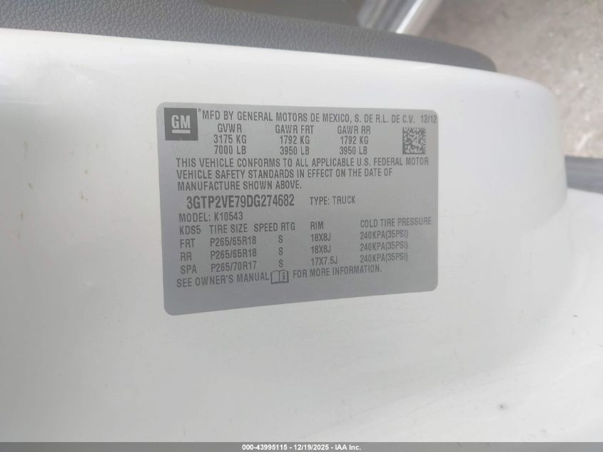 2013 GMC Sierra 1500 Sle VIN: 3GTP2VE79DG274682 Lot: 43995115