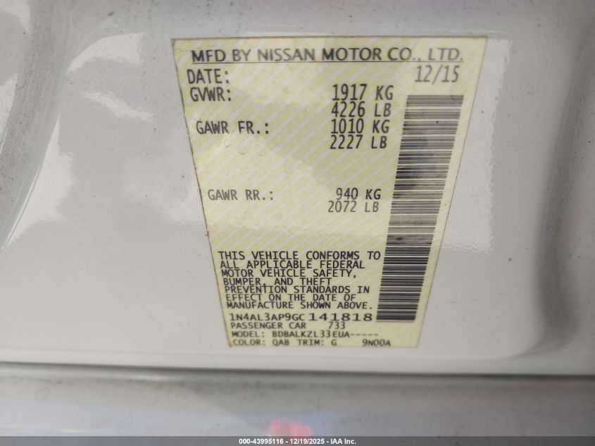 2016 Nissan Altima 2.5 Sv VIN: 1N4AL3AP9GC141818 Lot: 43995116