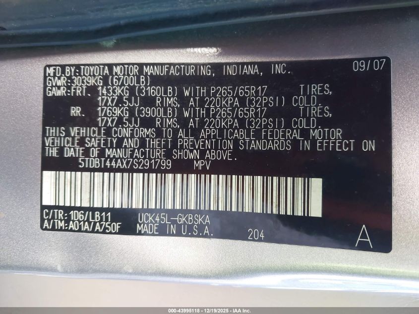 2007 Toyota Sequoia Sr5 V8 VIN: 5TDBT44AX7S291799 Lot: 43995118