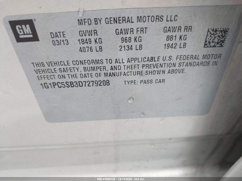 2013 Chevrolet Cruze 1Lt Auto VIN: 1G1PC5SB3D7279208 Lot: 43995120