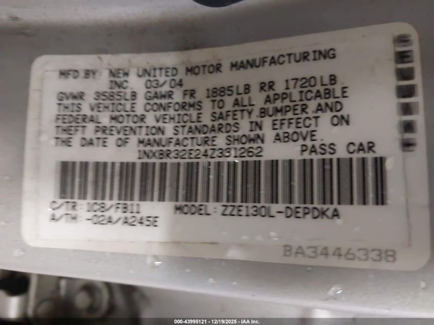 2004 Toyota Corolla Ce VIN: 1NXBR32E24Z331262 Lot: 43995121