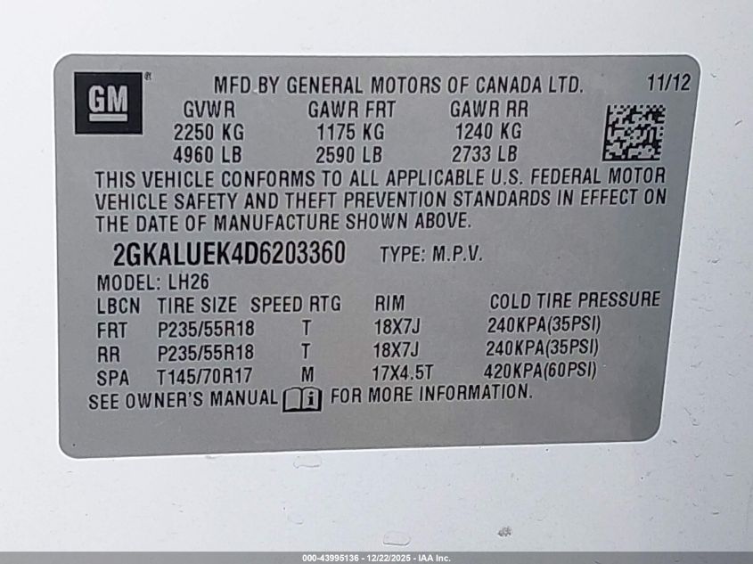 2013 GMC Terrain Slt-1 VIN: 2GKALUEK4D6203360 Lot: 43995136