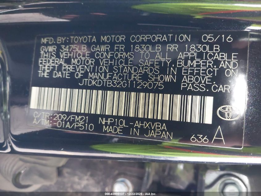 2016 Toyota Prius C Two VIN: JTDKDTB32G1129075 Lot: 43995137