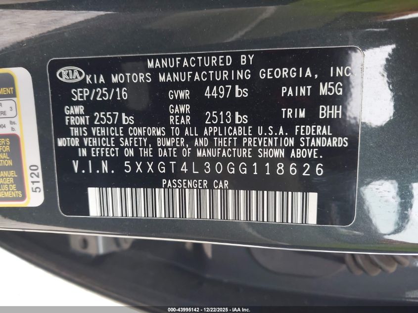 2016 Kia Optima Lx VIN: 5XXGT4L30GG118626 Lot: 43995142