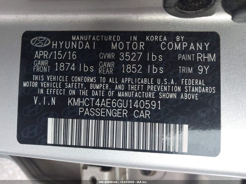 2016 Hyundai Accent Se VIN: KMHCT4AE6GU140591 Lot: 43995144