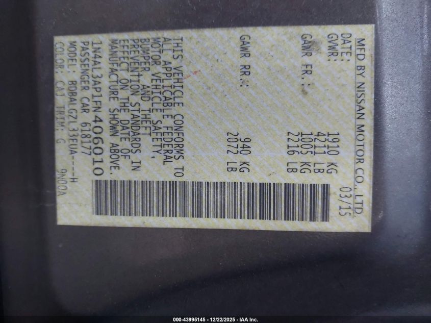 2015 Nissan Altima 2.5 S VIN: 1N4AL3AP1FN406010 Lot: 43995145