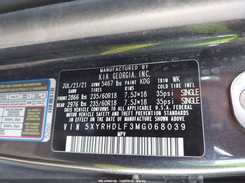 2021 Kia Sorento Ex VIN: 5XYRHDLF3MG068039 Lot: 43995146