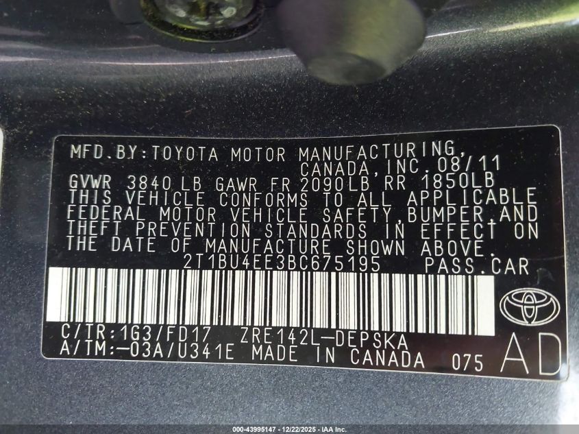 2011 Toyota Corolla S VIN: 2T1BU4EE3BC675195 Lot: 43995147